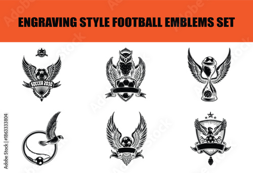 Set of 6 vintage soccer badge templates. Retro engraving style football emblems featuring eagle, rooster, demon, phoenix, and winged boot. Monochrome vector crests with blank ribbons for text.