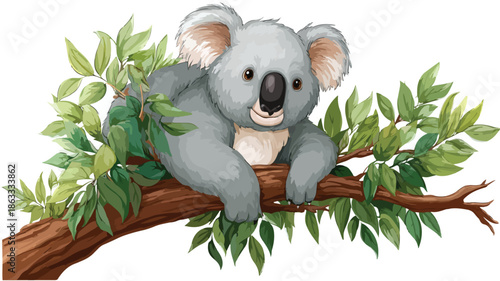 Adorable Koala Cartoon on Tree Vector with Outline Isolated