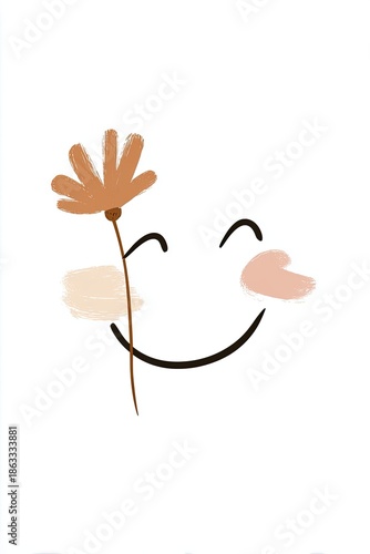 Minimalist hand-drawn smile logo illustration featuring a flower, showcasing a cheerful expression with soft colors and playful design, perfect for branding and creative projects with copy space