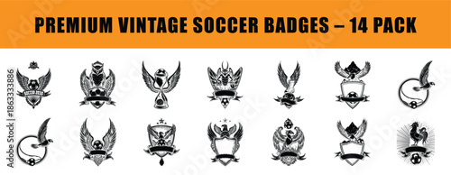 Set of 14 vintage soccer badge templates. Retro engraving style football emblems featuring eagle, rooster, demon, phoenix, and winged boot. Monochrome vector crests with blank ribbons for text.