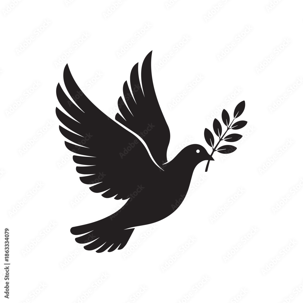 Fototapeta premium Peace dove flying with olive branch silhouette vector illustration.
