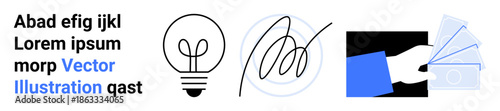 Creativity, innovation, business transactions, money exchange, financial ideas, branding. a lightbulb, handwritten signature hand with currency. Creativity and financial ideas concept
