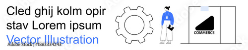 Business processes, teamwork, commerce, entrepreneurship, planning, industry. A person stands next to a gear and a commerce logo. Business processes and teamwork concepts