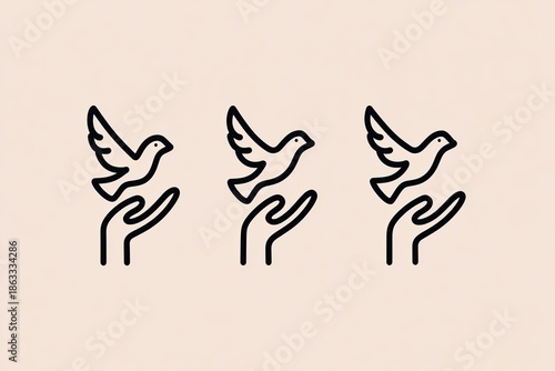 Minimalist peace and care icon set featuring hands releasing birds, symbolizing freedom, compassion, and harmony with copy space for design purposes