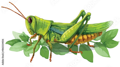 Adorable Cartoon Grasshopper Feasting on Green Leaves Vector Illustration