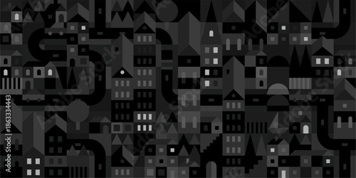 Seamless Dark Abstract Night City Geometric Pattern Vector Illustration Background