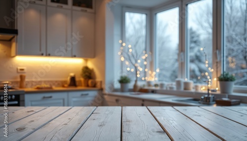 Wallpaper Mural Empty white wood table in bright kitchen with winter window view. Warm under cabinet light and festive fairy lights add cozy holiday mood. Perfect for food ads. Torontodigital.ca