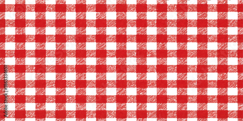 Seamless red and white checkered gingham tablecloth texture with a geometric plaid pattern on cotton fabric material for a picnic table or textile wallpaper design