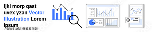 Magnifying glass examining bar graph, analytics dashboards highlight charts and data visualization. Ideal for business, analytics, finance, research, statistics, marketing, simple landing page