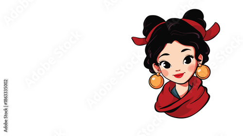 Smiling Chinese Girl Cartoon Vector with Outline Isolated on White Background