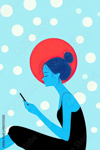 Teenage girl with blue skin, sitting in profile, using smartphone against a vibrant background with red circle and white dots, illustrating screen addiction concept and modern youth culture