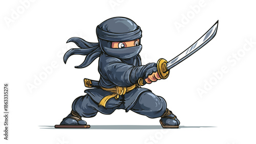 Ninja Cartoon Posing and Holding Sword Vector with Outline