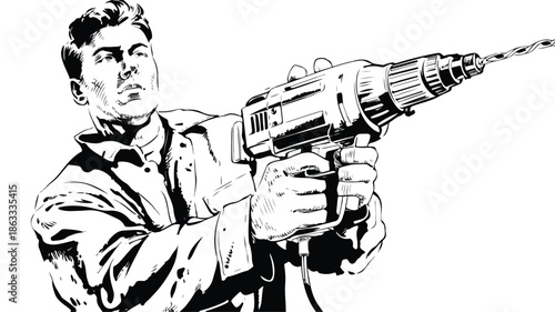 Professional Technician Holding Drilling Machine Vector Illustration