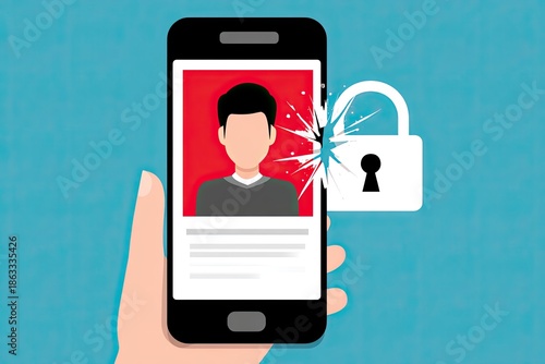 Smartphone illustration depicting a hacked account concept with a broken lock symbolizing security breaches and identity theft in the digital age with copy space for text