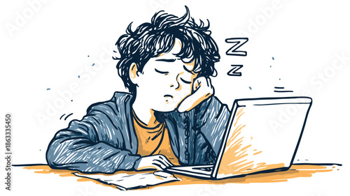 Exhausted Boy Resting In Front Of Computer Screen Vector Illustration