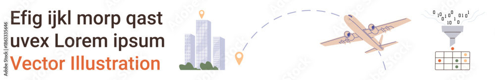 Obraz premium Logistics, travel, data processing, automation, transportation management, supply chain. Airplane flying with a route connecting city pinpoints to data processing chart. Logistics and travel concept