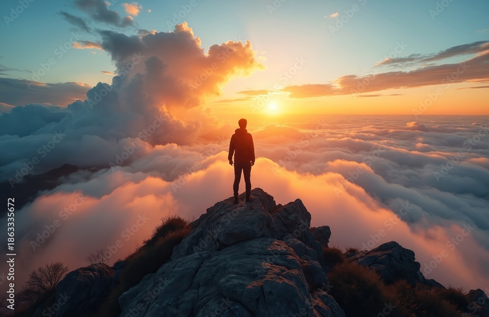 Obraz premium Man stands on rocky mountain peak above clouds watching sunrise. Golden sun breaks through clouds creating dramatic sky. Person observes majestic dawn, feels freedom and peace.