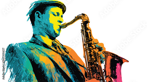 Young Man Playing Saxophone Vector Outline Isolated White Background