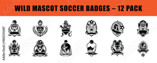 Set of 12 vintage soccer badge templates. Retro engraving style football emblems featuring lion, tiger, bear, wolf, gorilla, bison, bulldog, and wild boar. Monochrome vector crests with blank ribbons.