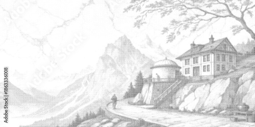 Landscape illustration with a house in halftone style vector