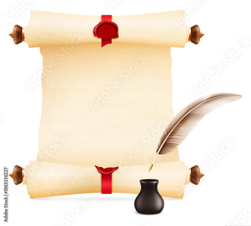 Ancient Scroll and Quill: An aged, unwritten scroll and quill beside an inkwell, it evokes a sense of history, knowledge, and creative writing.