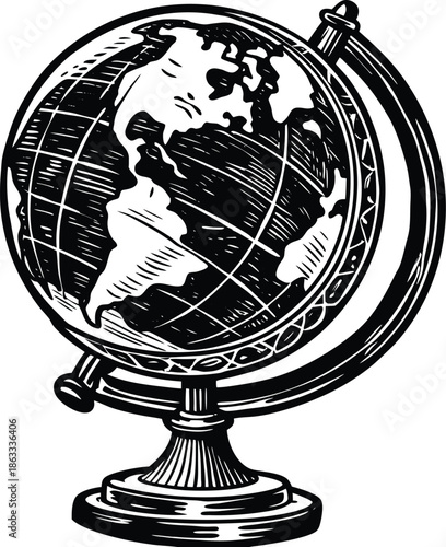 Black and white of a globe on a stand geography
