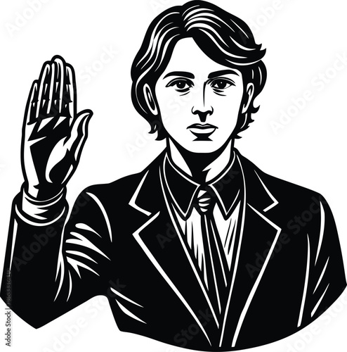Man in suit raising right hand with palm facing forward