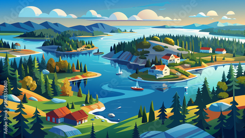 Very beautiful aerial view of crystal-clear Saimaa Lake surrounded by forests, presenting pristine nature, calm waters, and sustainable eco-tourism scenery in Finland.