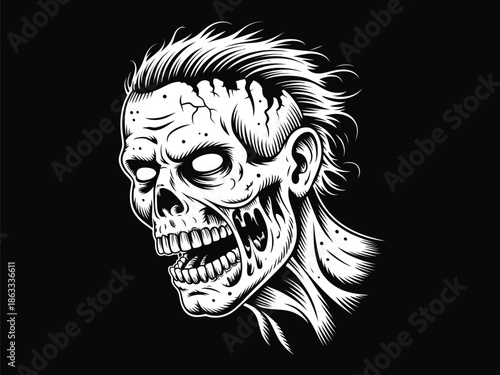 Detailed zombie skull illustration with decayed flesh and fierce expression