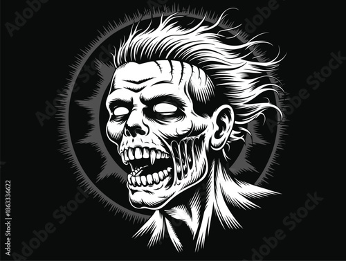 Screaming zombie illustration with wild hair and sharp teeth