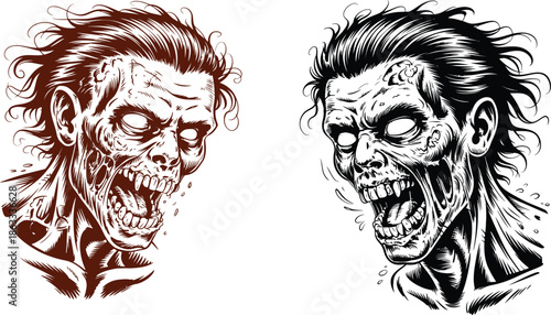 Detailed illustration of two screaming zombie heads in ink style