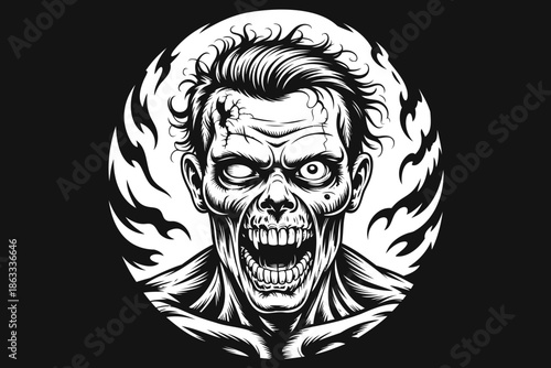 Scary zombie face illustration with flames and intense expression