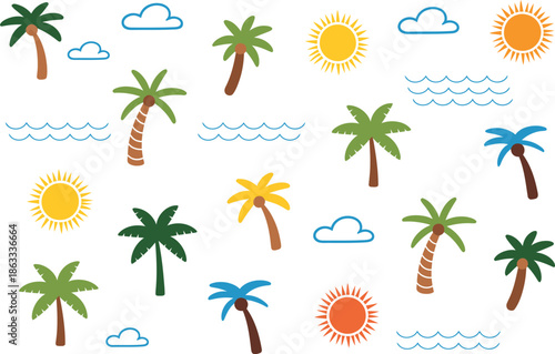 Colorful tropical summer elements with palm trees and suns