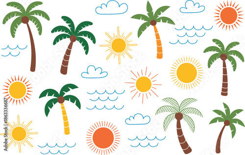Colorful tropical summer elements with palm trees and suns isolated