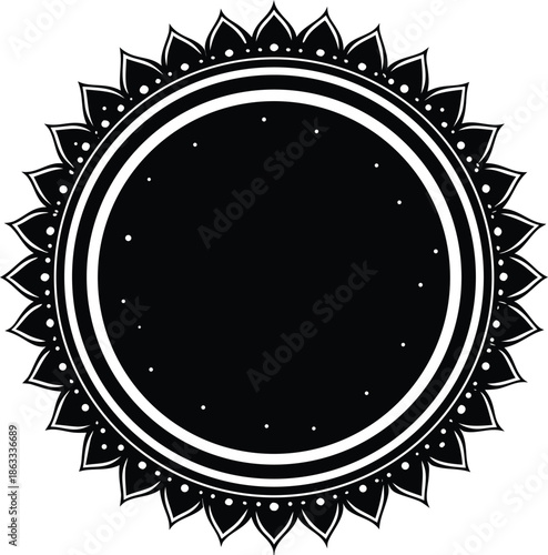 Black and white circular floral frame with dots circle