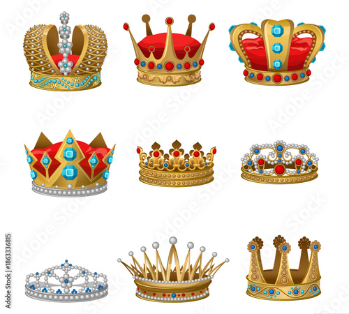 Majestic Crowns: A collection of exquisite crowns fit for royalty, showcasing intricate designs, luxurious materials, and symbolic embellishments representing power, authority, and regal splendor.