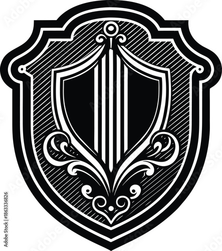 Black and white shield with lyre and floral