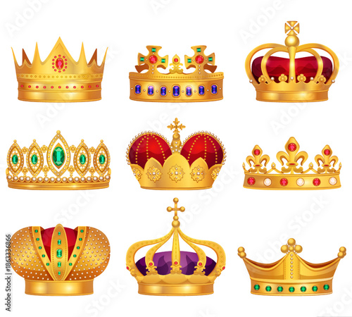 Regal Collection of Golden Crowns: An ornate array of radiant golden crowns, each meticulously crafted and adorned with exquisite gems, reflecting royalty and power.