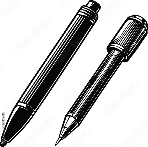 Black and white of ballpoint pen and pencil stationery