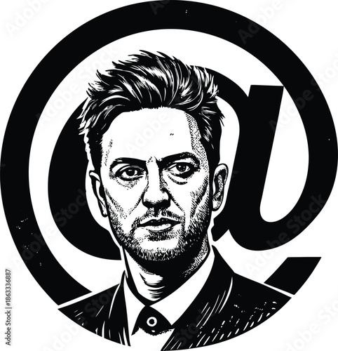 Black and white of a man in a suit with a serious expression in front of an at sign