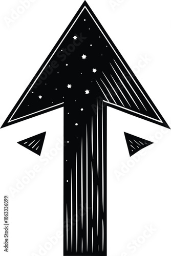Black and white of a starry night sky with an upward pointing arrow