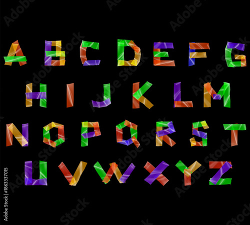 Alphabet of Colors: A vibrant display of the alphabet, each letter meticulously crafted in a mosaic of vivid colors, offering a spectrum of hues against a dark canvas.
