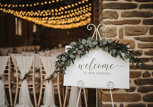 Detailed shot of a minimalist wedding welcome sign with eucalyptus garland against a rustic stone wall, soft golden hour lighting and spectacular bokeh background, highly marketable for event