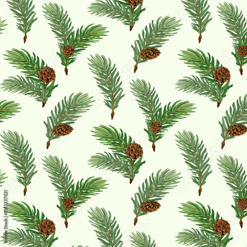 Beautiful realistic pine branches with cones in a pattern on a colored background.Vector seamless pattern of green pine branches with cones on a light background.