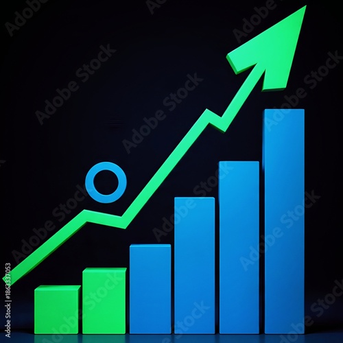 Financial growth concept with rising bar graph and green arrow on dark background . Business success and market trend visualization with 3D bar chart