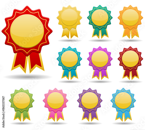 Badge Assortment: A vibrant collection of stylized badges, each a symbol of achievement, honor, or recognition. Each badge, adorned with a ribbon and central design space, ready to convey value.