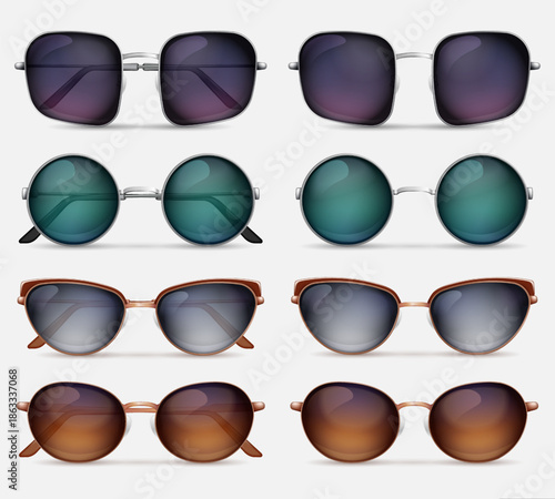 Stylish Shades: A collection of various sunglasses styles are arranged together. Each pair is a symbol of style, design and personal expression.