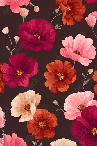 Elegant autumn floral pattern featuring stylized flowers in rich hues of red, pink, and orange against a dark background, perfect for seasonal decor and design projects