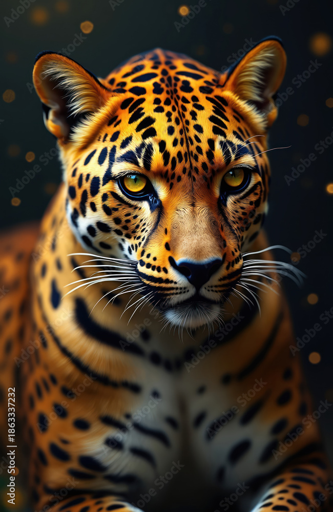 Obraz premium Close up portrait of leopard with bright yellow eyes, spotted fur. Majestic wild cat stares intently forward against dark, bokeh background with golden lights. Powerful build, watchful gaze convey