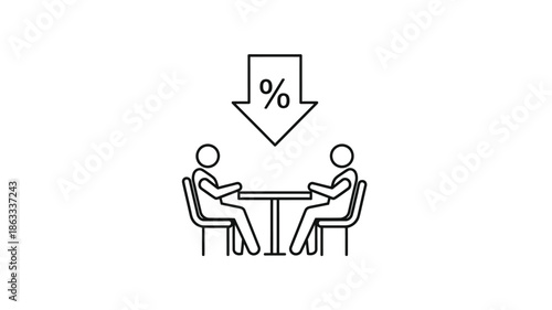 Negotiation and discount concept two people at a table with a percentage down arrow